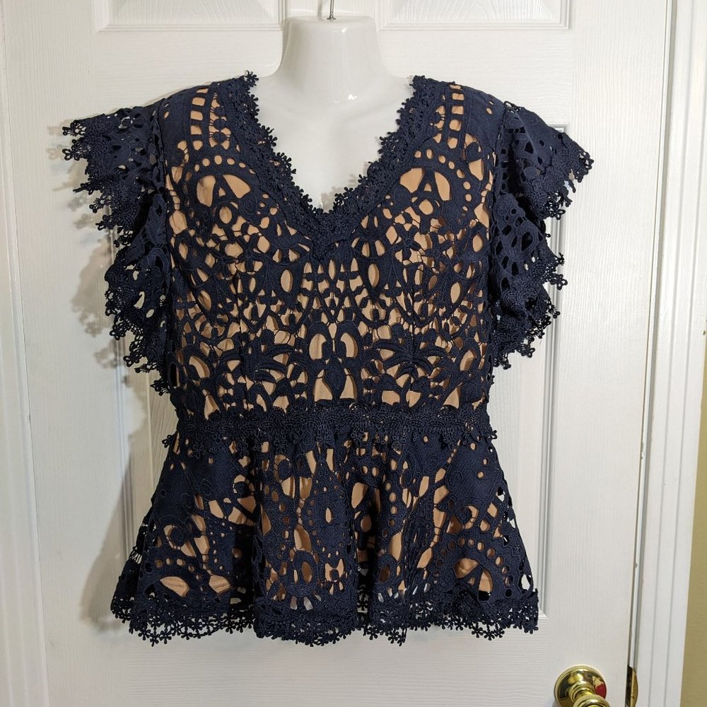 For Her NYC Navy Crochet Floral V Neckline Cap Sleeve Peplum Style Blouse - XL